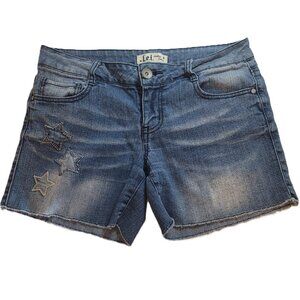 LEI Size 5 Blue Jean Shorts - Ashley Low Rise Cutoffs Stretchy Star Embroidery